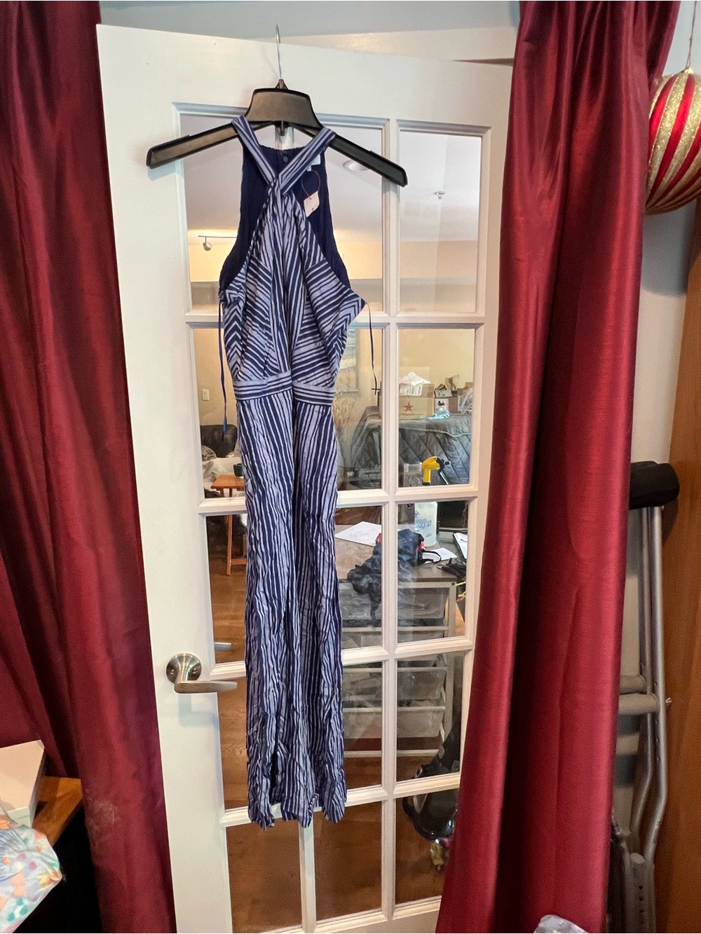Parker Navy Dress with White-Striped Halter Tie